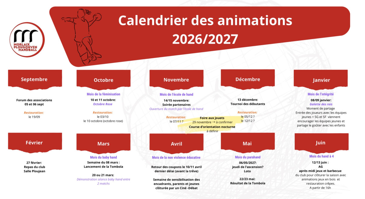 Calendrier des animations MPHB 2026-2027
